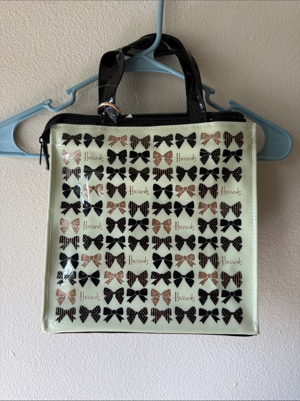 Harrods Mint Green Tote with Black and Rose-Gold Bow Pattern